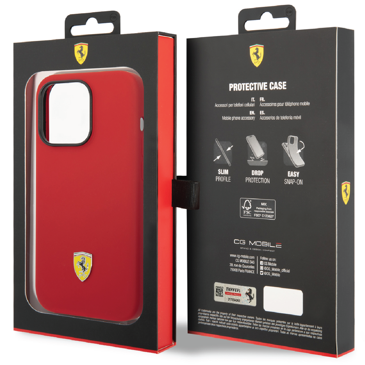Ferrari Liquid Silicone Case with Black Camera Outline & Metal Logo iPhone 14 Pro Compatibility - Red