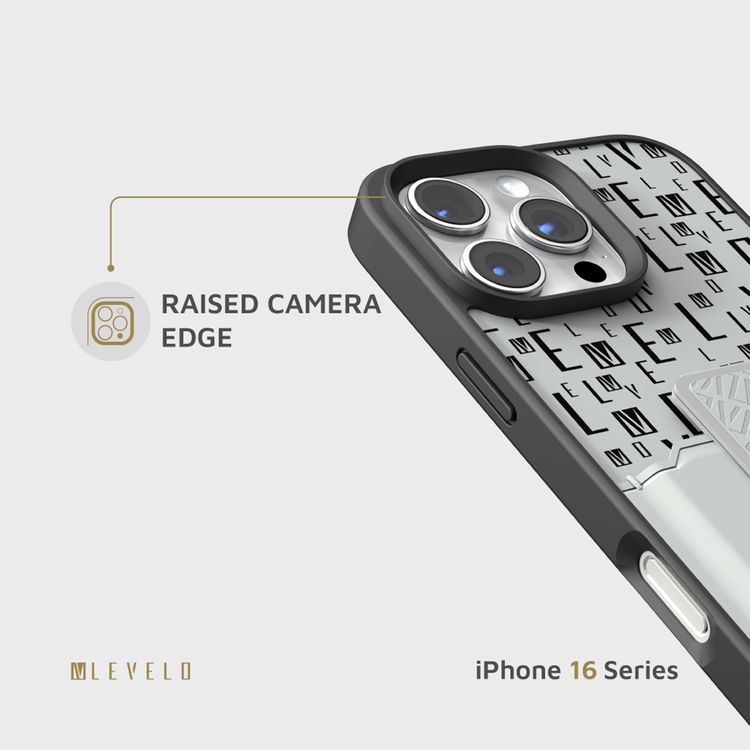حافظة Levelo Morphix Gripstand مع حامل بطاقات لهاتف iPhone 16 Pro، حامل بطاقات مدمج، زوايا مقاومة للصدمات، ملمس نحيف بدون غطاء، حافة كاميرا مرتفعة، مادة فائقة المتانة