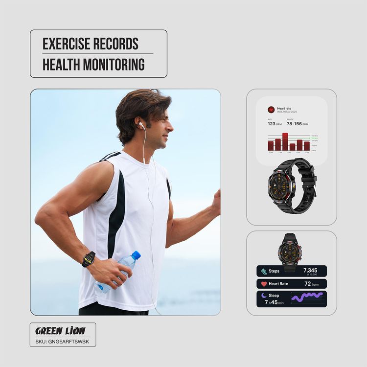 Green Lion Gear Fit Smart Watch with Dynamic Island, Health Monitoring, Bluetooth Calls, Magnetic Charging, Exercise Records, Music Player, 3-5 Days Usage Time - Black