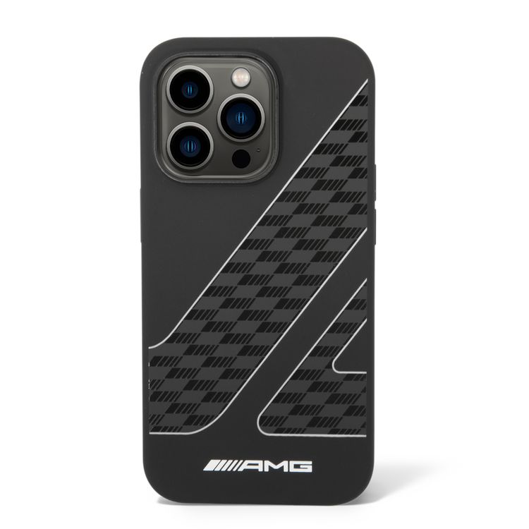 جراب من السيليكون السائل من Amg بنمط علم مربعات - آيفون 14 برو ماكس - أسود / أبيض