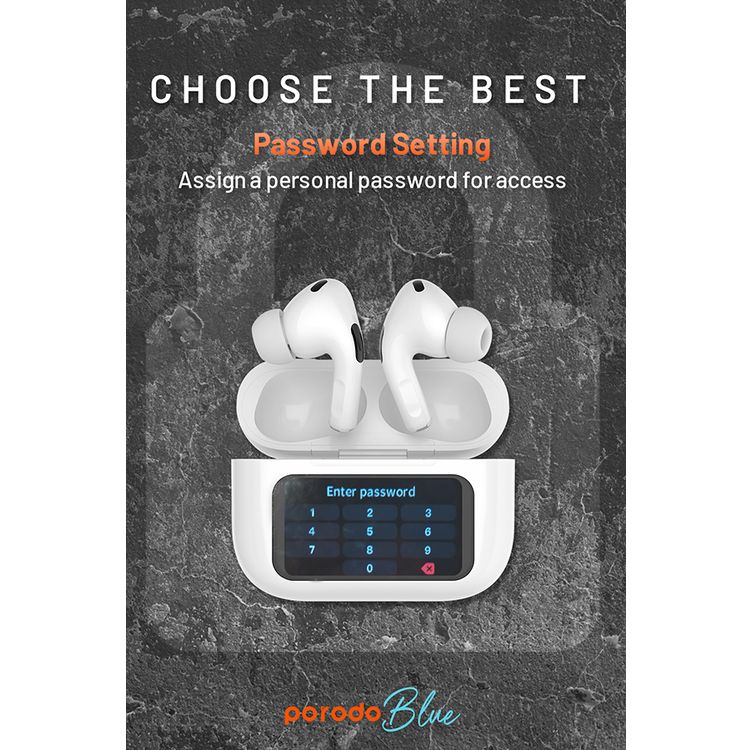Porodo Blue AirPods Pro2 with Screen, Deep Bass, Touch Control, Camera Shutter, Music Playback, Call Management, 20 Hours Working Time, 1.47 inches Screen size - White