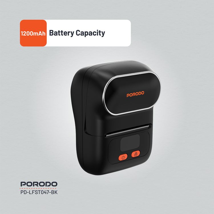Porodo Super HD Thermal Printer with Bluetooth, 1200mAh Battery Capacity, 2.5 Hours Recharge Time, 1.5 Hours Working Time, 20-50mm Label Width, Super HD - Black