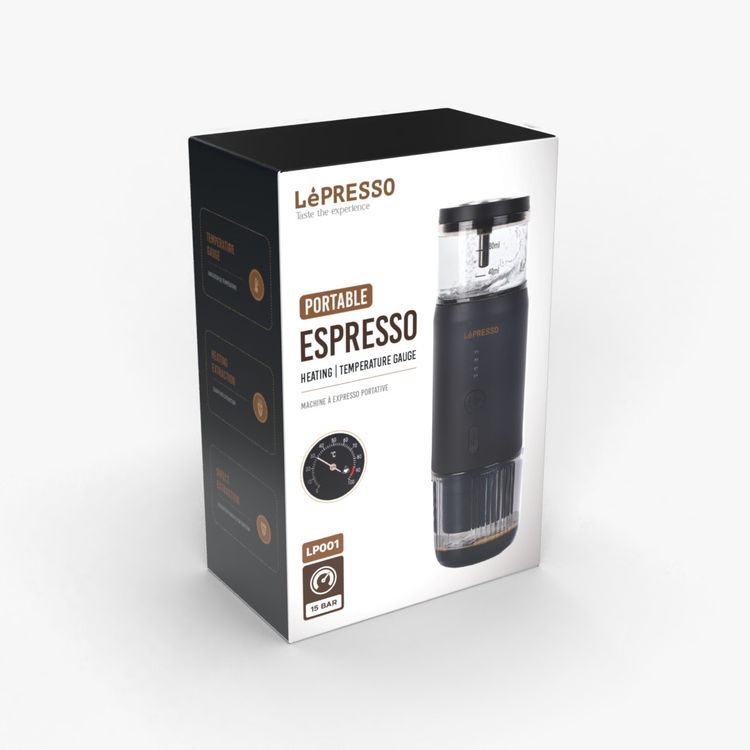  ماكينة صنع الإسبريسو المحمولة من LePresso، مصنوعة من الفولاذ المقاوم للصدأ بدرجة الغذاء، بسعة بطارية 2500 مللي أمبير في الساعة × 3، وسعة خزان مياه 80 مل - أسود