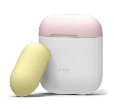 Elago Duo Silicone Case with Apple AirPods Case 1 & 2, Supports Wireless Chargers, Drop Resistant, Dustproof and Absorbing Protective Cover Body-White / Top-Pink, Yellow