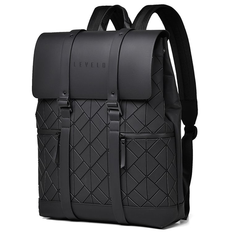 Levelo Cean حقيبة ظهر للسفر مع جيبين أماميين، متوافقة مع أجهزة الكمبيوتر المحمولة حتى 16”، متعددة الاستخدامات للاستخدام اليومي، مقاومة للماء، حجرة للكمبيوتر المحمول، تصميم بغطاء علوي - أسود | الإمارات العربية المتحدة