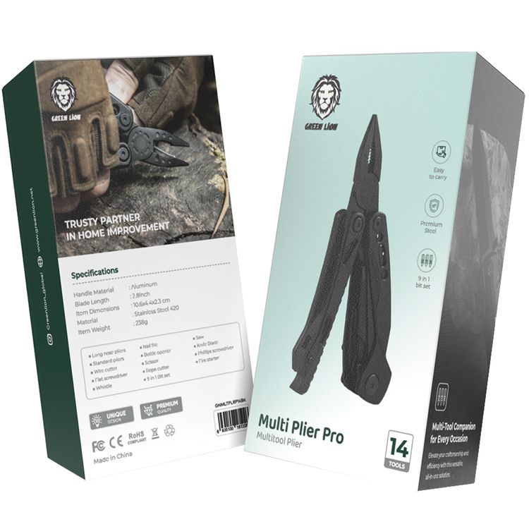 أداة متعددة الوظائف جرين ليون بليير برو مع مواد من الألومنيوم والفولاذ المقاوم للصدأ، طول النصل 2.8 بوصة، كماشة ذات أنف طويل، كماشة قياسية، قاطع سلك، مفك مسطح، صافرة، مبرد أظافر، فتاحة زجاجات، مقص، قاطع حبال، مجموعة، منشار، شفرة سكين، مفك فيليبس، كما تحتوي الأدوات على مُشعل نار - اللون أسود