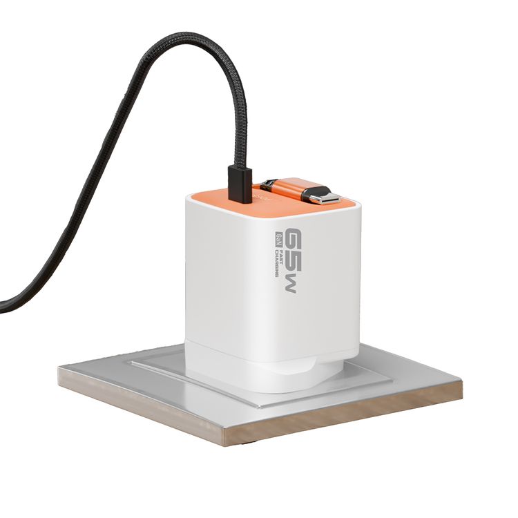 Porodo Tezpatro 65W GaN Charger with USB-C Retractable Cable, 1.5A Rated Current, 65W Power Delivery, 80cm Cable Length, Flame-Retardant Housing, Fast Charge Support - White / Orange