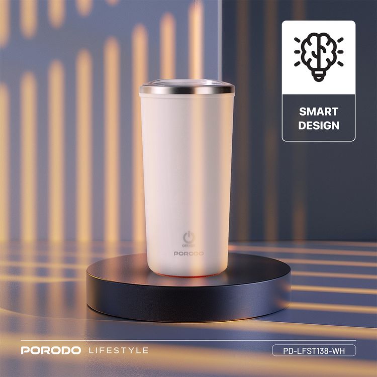 Porodo Lifestyle Auto-Stirring Insulated Mug with 400mL Capacity, Anti-Slip Base, 300mAh Battery Capacity, 120-Seconds Mixing Time with Auto-Stop - White