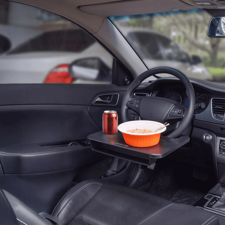 Green Lion Multi-Functional Steering Wheel Tray, 2kg Weight Capacity, Compatible with Circular Steering Wheels (35-42mm), Dual-Mount Design, Gap Storage Box, Easy Cleaning & Installation, Stable Dining Tray, Laptop Workstation, Tablet Slot & Cup Holder – Black