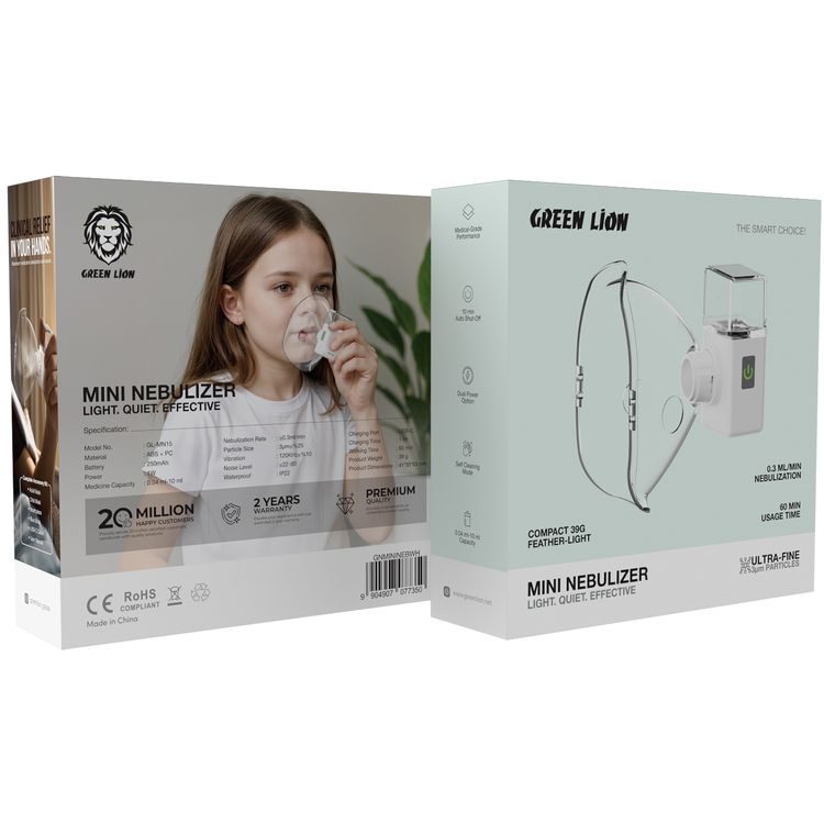 Green Lion Mini Nebulizer with Complete Accessory Kit, 0.04mL–10mL Medicine Capacity, ≥0.3mL/min Nebulization Rate, USB-C Charging Port - White