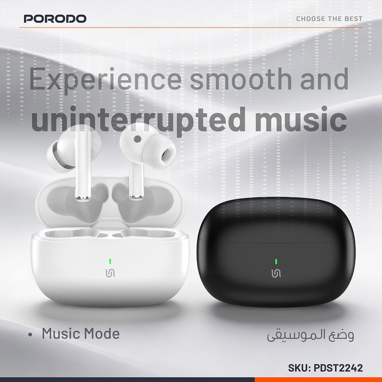 Porodo True Flex Earbuds Pro with Music & Gaming Mode, 5 Hours Play Time, 230mAh Case & 25mAh Earbuds Battery, Ultra Low Latency, USB-C Charging Port, Voice Assistant - White