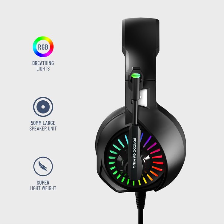 Porodo Gaming E-Sports High Definition Gaming Headphones with RGB Breathing Lights, 50mm Speaker Size, 25mW Rated Power, 3D Dimensional Sound, Omni-Directional Microphone - Black
