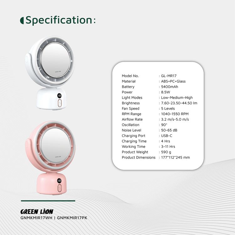 مرآة مكياج بجهاز تهوية من جرين لايون، بخمس مستويات لسرعة المروحة و3 أوضاع ضوء، تصل إلى 11 ساعة من العمل، منفذ شحن USB-C، دوران قابل للتعديل، شاشة رقمية، قاعدة مقاومة للانزلاق، 51 ضوء LED، بطارية 5400 مللي أمبير - وردي