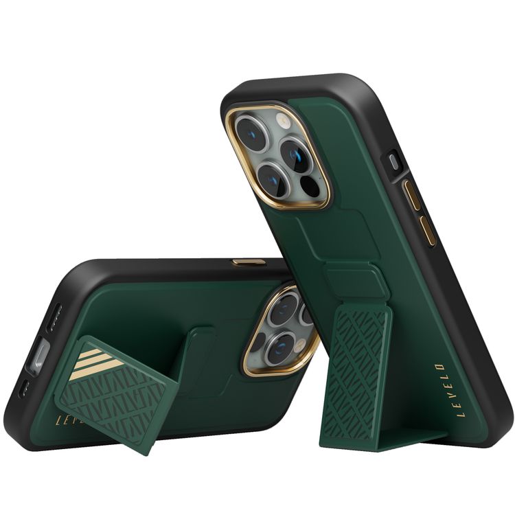 Levelo Morphix Cuero Gripstand Case for iPhone 15 Pro, Multi-Positioning Modes, PU Leather Material, Shock-Proof Edges - Green