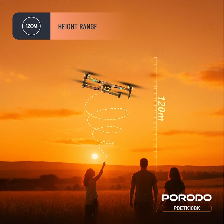 Porodo Aero View Drone with 120m Operational Distance, 360° Flip and Roll, Easy Takeoff & Landing, Up to 12 Minutes Flight Time, 10Km/h Max Speed, 120 Minutes Charging Time - Black 