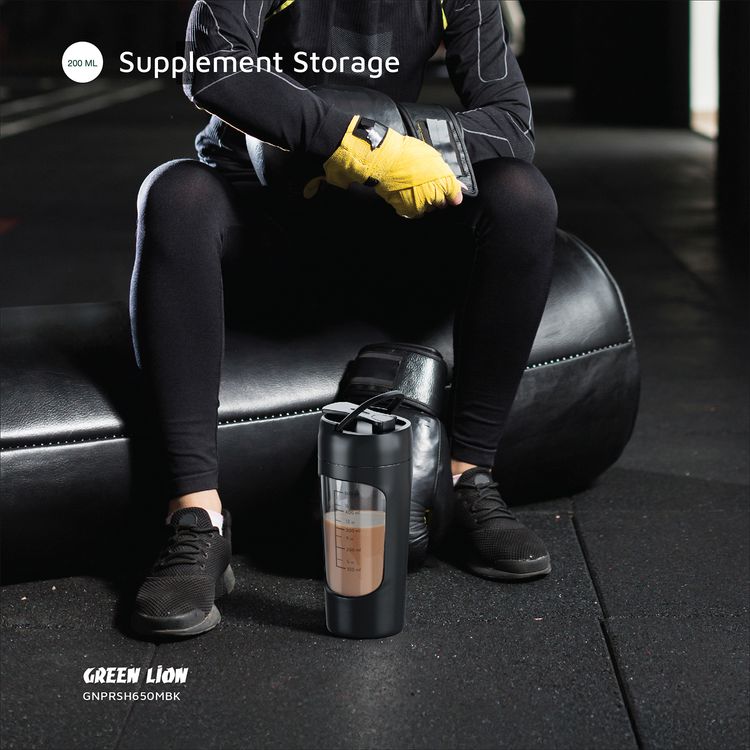 Green Lion Protein Mixer with 650mL Capacity, 1200mAh Battery Capacity, Tritan + ABS + PP Material, Type-C Charging Port,  2.5 Hours Charging Time, 30 Minutes Working Time - Black