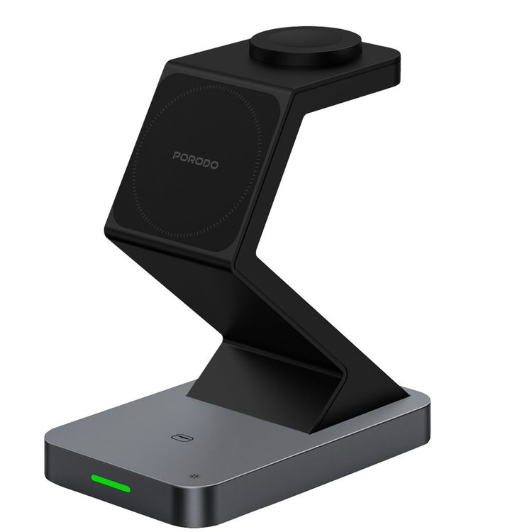 Porodo 4-in-1 PowerDock Wireless Charging Station with Adjustable Night Lamp, 360° Adjustable Viewing, Phone, Watch & Earbuds Outputs, One-Touch Light Control, Smart Charging Protection - Black