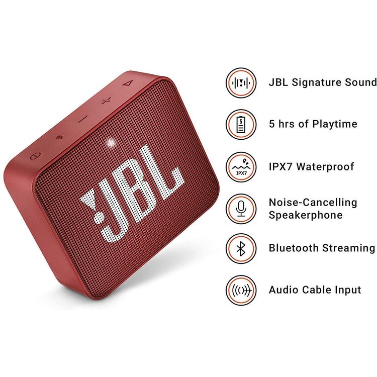 JBL GO 2 Portable Wireless Bluetooth Speaker, 5-hours Playtime, IP67 Waterproof Feature, Speaker Built-in Noise-Cancelling Speakerphone - Red