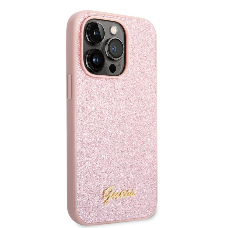 Guess PC/TPU Glitter Flakes Case with Script Metal Logo iPhone 14 Pro Compatibility - Pink