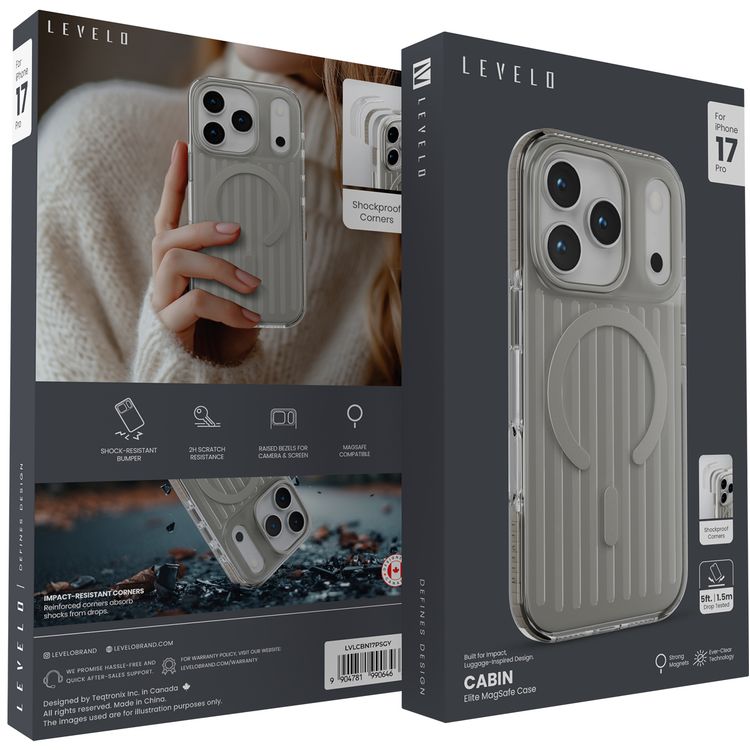 كفر ليفيلو كابين إيليت ماج سيف لجهاز آيفون 17 برو، زوايا مقاومة للصدمات، حواف مرفوعة للكاميرا والشاشة، مقاومة للخدوش بدرجة 2H، مغناطيسات قوية، تقنية الوضوح الدائم، ممتص للصدمات، مختبر للوقوع - رمادي مدخن.