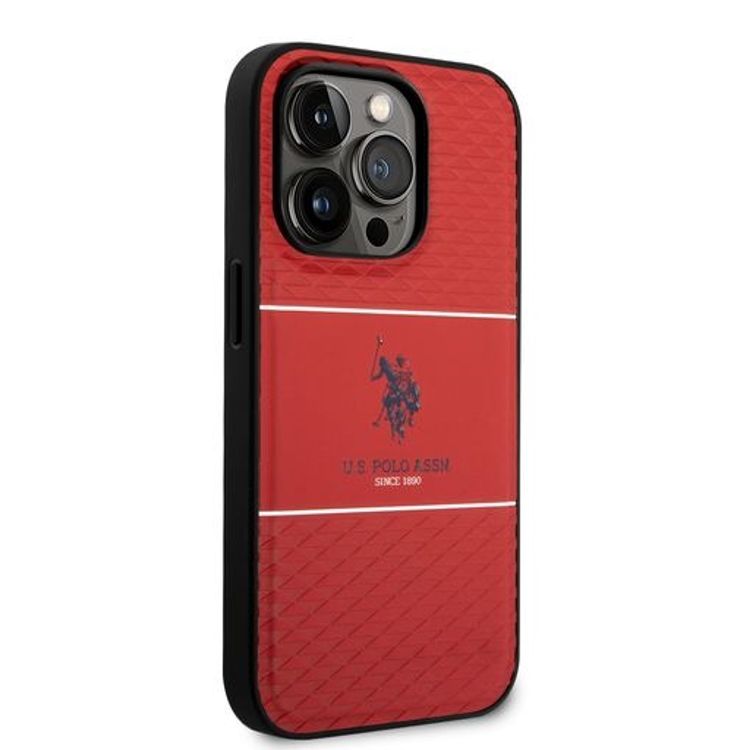 حافظة صلبة مخططة من US Polo لهاتف iPhone 14 Pro - أحمر