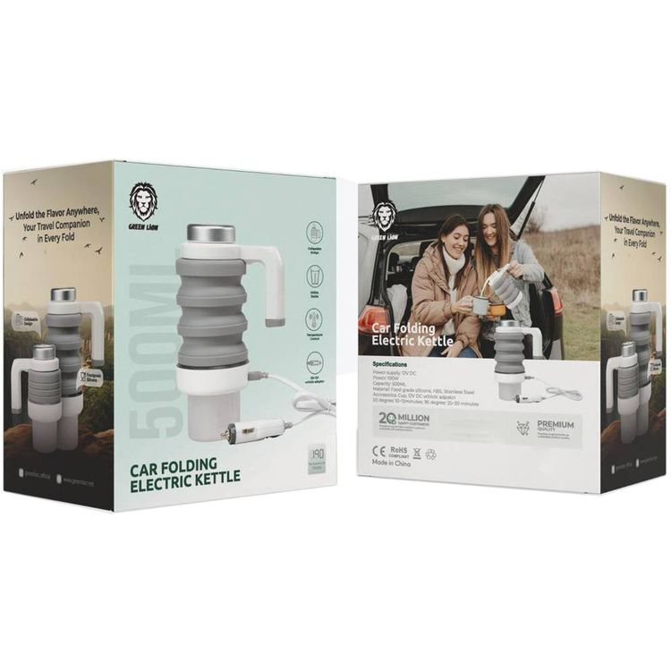 Green Lion Car Folding Electric Kettle with 500mL Bottle Capacity, Food-Grade Silicone + ABS & Stainless Steel Materials, Digital Display, Collapsible Design, Temperature Control - White