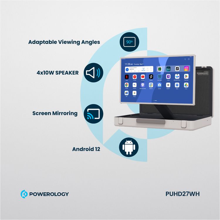 Powerology UHD Portable Outdoor Tablet with 27 Inches Screen, Full HD, Android, Briefcase Display, 90° Adaptable Viewing Angles, Screen Mirroring  - White