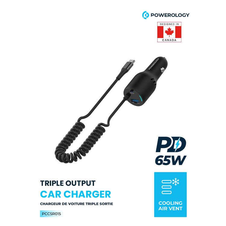 Powerology Triple Output Car Charger with 45W PD & 18W QC 3.0, Retractable Type-C Cable, Cooling Air Vent, ABS & PC Material, Built-in Safeguards, Fast Charging - Black