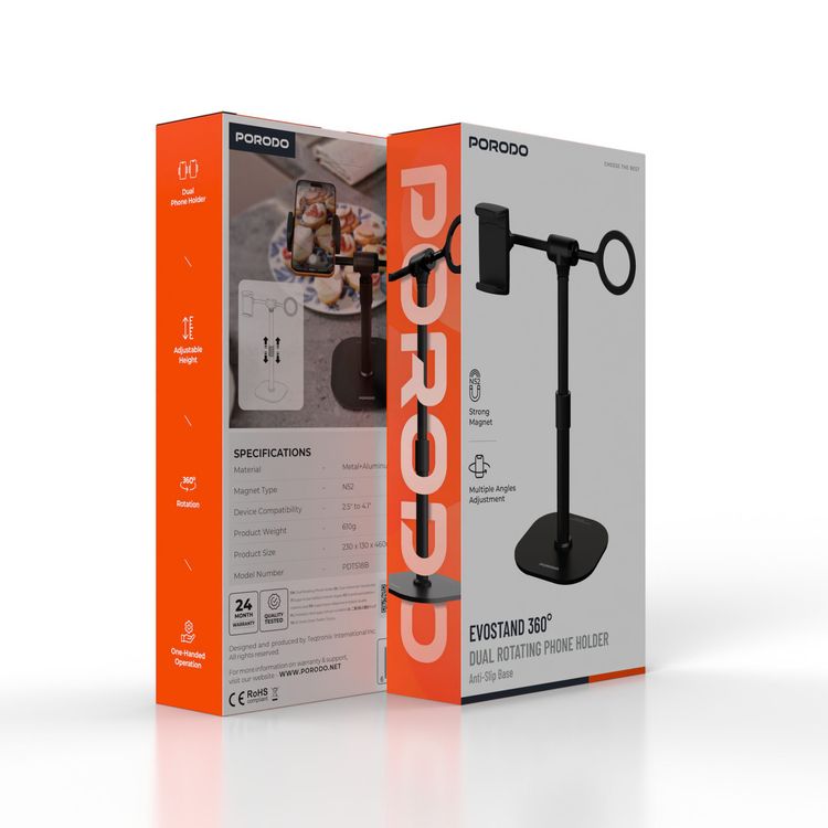 Porodo Evostand 360° Dual Rotating Phone Holder with Anti-Slip Base, Strong N52 Magnets, Multiple Angles Adjustment, One-Handed Operation, 2.5" to 4.1" Device Compatibility, Metal + Aluminum Alloy+ Plastic Material- Black
