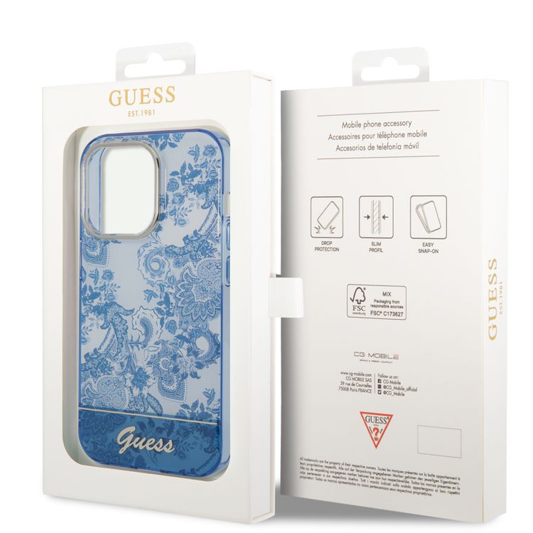 Guess PC/TPU IML Case With Double Layer Electroplated Camera Outline & Toile De Jouy - iPhone 14 Pro - Blue