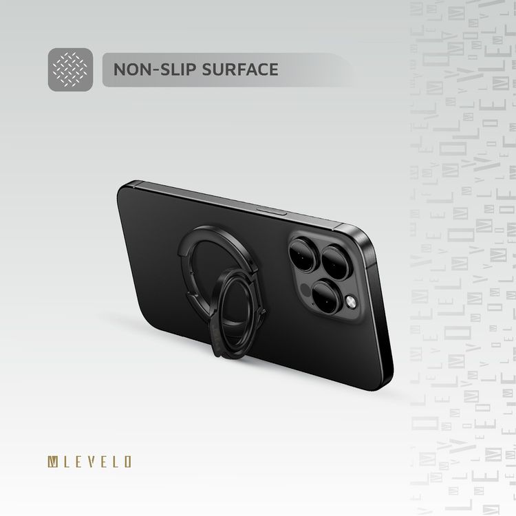 ليڤيلو لوتشيو 2 في 1 حامل هاتف مع حلقة مغناطيسية بقوة مغناطيسية N52 قوية، 3500Gs، مصنوع من مواد ألومنيوم متينة - اللون الأسود