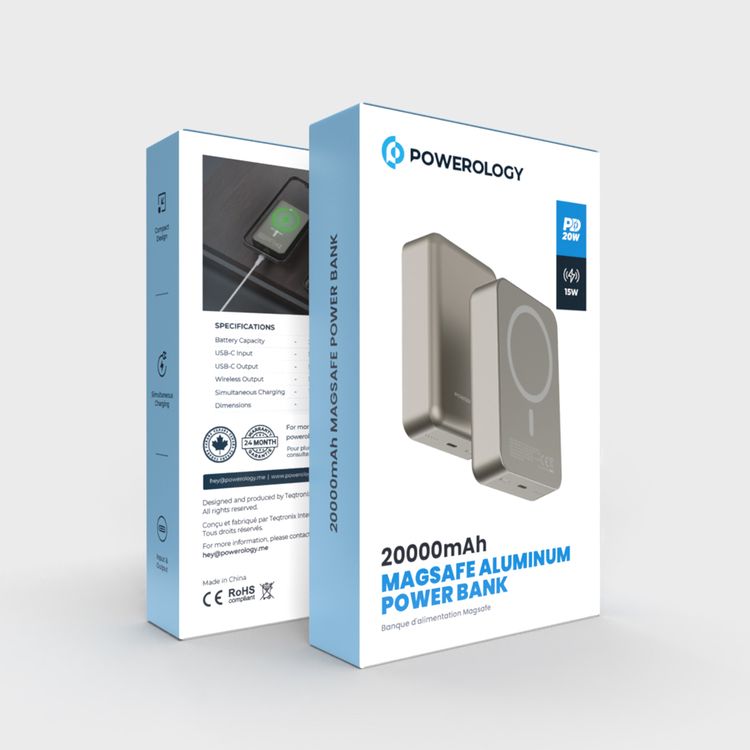 بنك الطاقة Powerology MagSafe من الألومنيوم بقدرة 20000 مللي أمبير في الساعة مع مؤشر لمستوى البطارية، تصميم خفيف الوزن وصغير الحجم، شحن سريع ومتزامن، مدخل ومخرج من النوع C، مخرج لاسلكي 15 وات - تيتانيوم