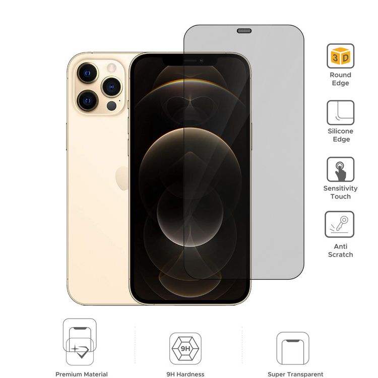 واقي شاشة Liberty Guard 3D بحواف دائرية من السيليكون الأسود لهاتف iPhone 12 Pro، مضاد للصدمات والتأثير - أسود