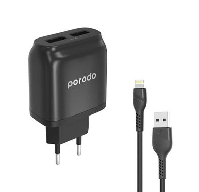 Porodo Dual Port EU Wall Charger with USB-A to Lightning ...