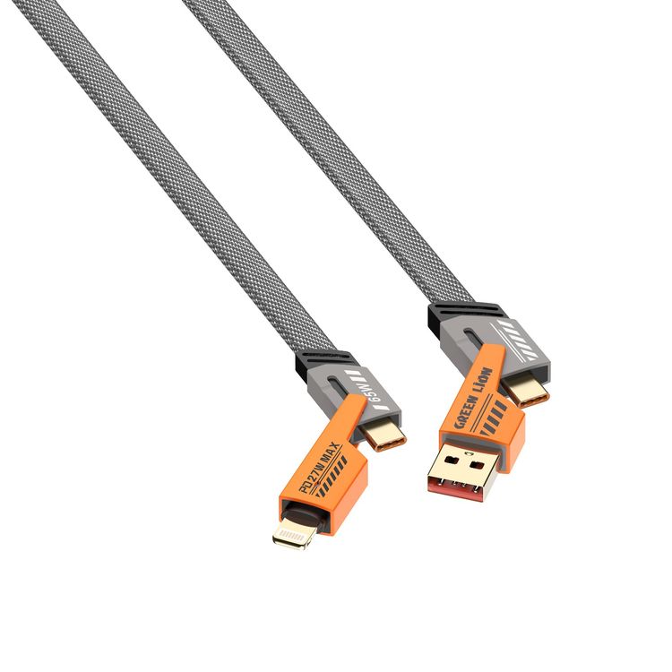 Green Lion 2-in-2 Braided 65W Fast Charging Cable with 1.2m Length, 480Mbps Data Transfer Speed, 10000 Bends Lifespan, Charge & Sync, Secure & Safe, Wide Compatibility - Orange