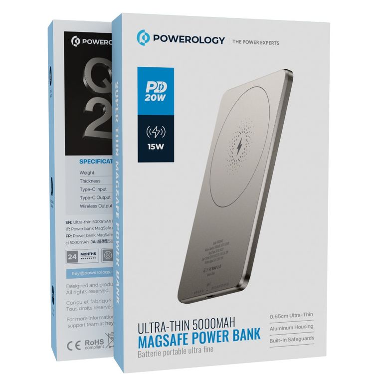 بنك طاقة باورولوجي فائق النحافة بسعة 5000mAh مع تقنية ماغسيف، محمول وخفيف الوزن، توزيع حراري فعال، هيكل من الألمنيوم، مزود بحمايات مدمجة، مغناطيس قوي - تيتيانيوم.