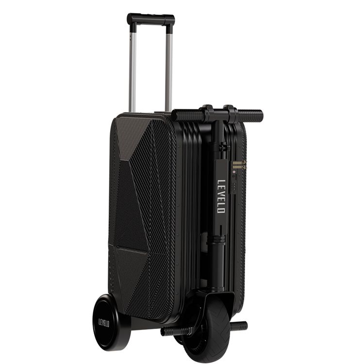 Levelo Spark-E Portable E-Scooter Luggage with Smooth-Rolling Wheels , Ultra-Light Carbon Fiber Construction, TSA Lock, Smart Telescopic Handle, Effortless Travel, Reverse gear, 250W Motor Power, 20L Luggage Capacity,  110kg Max User Weight - Black