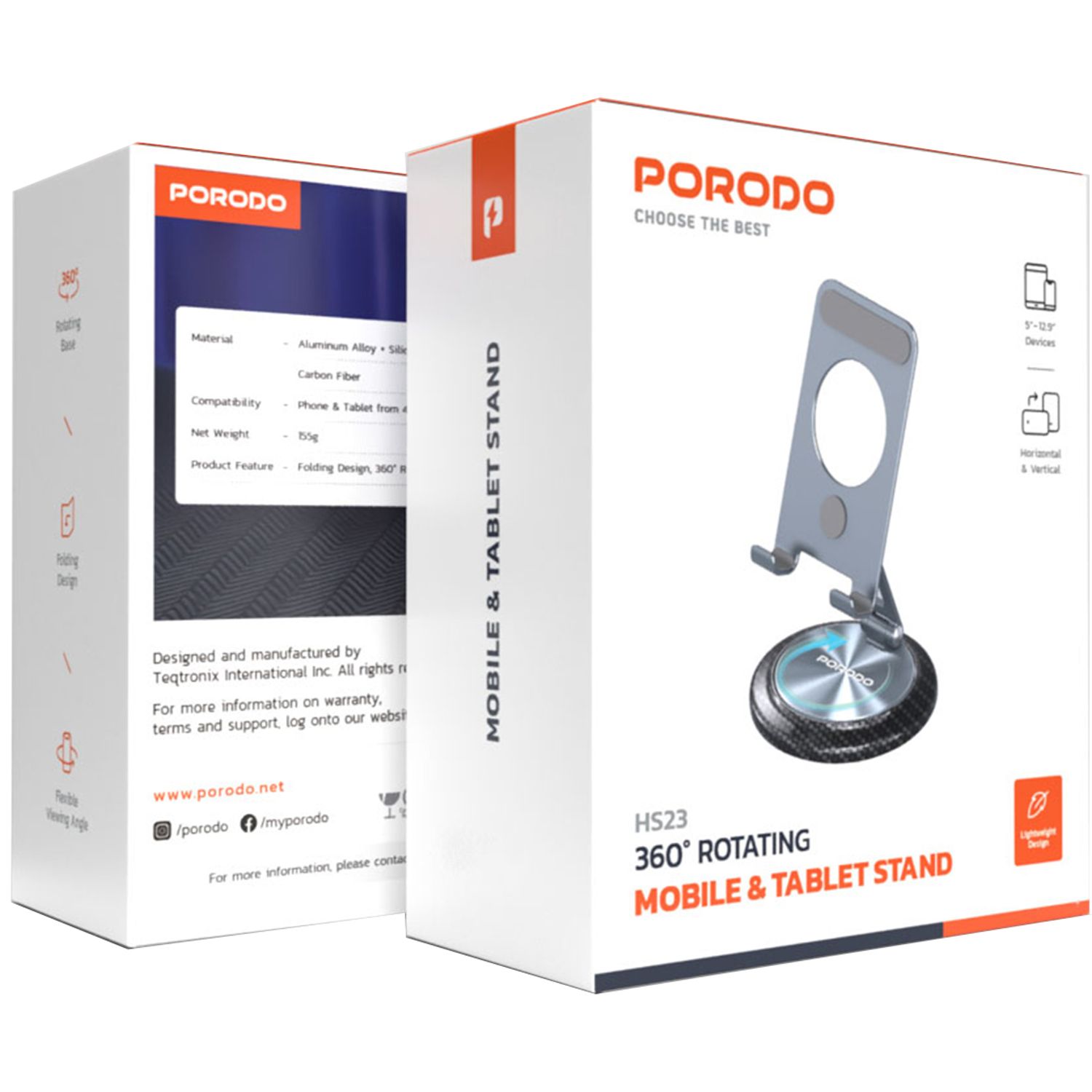 Porodo 360° Rotating Mobile & Tablet Stand with Flexible Viewing Angle, 4.7" to 12.9" Phones & Tablets Compatibility, Horizontal & Vertical Modes, Foldable Design - Gray