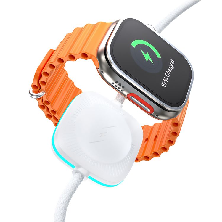 Porodo USB-C To USB-C Data Cable with Wireless Watch Charger, 480Mbps Transfer Speed, 60W USB-C Output, 2.5W Watch Charger Output, 1.2m Length, High-grade Components, Flexible & Durable - White