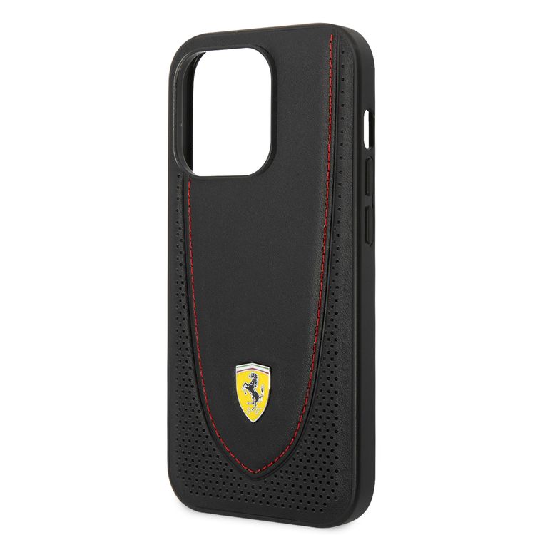 CG Ferrari Magsafe Compatibility Genuine Leather Hard Case with Curved Line Stitched iPhone 14 Pro Compatibility - Black