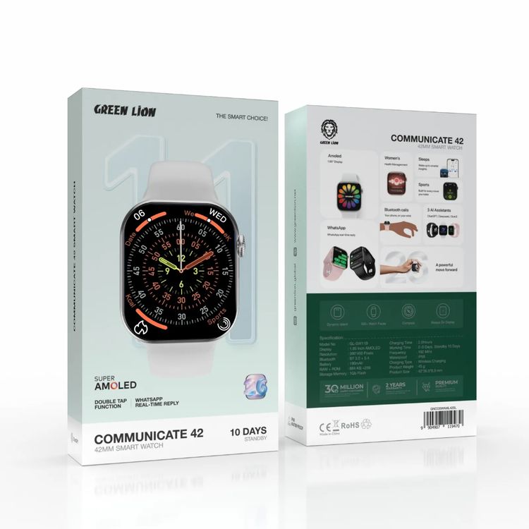 Green Lion Communicate 42mm Smart Watch with 1.85” AMOLED Display, 190mAh Battery, 1GB Flash Storage, IP68 Waterproof, 2-3 Days Working Time, 10 Days Standby Time, Bluetooth Version 3.0 + 5.4, Wireless Charging, Always-On Display, 500+ Watch Faces - Silver