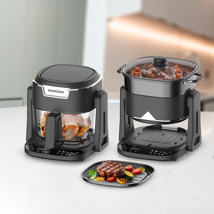 Porodo Lifestyle Quick Flip 3-in-1 Air Fryer, Grill & Hot Pot with 4.5L Capacity, 1200-1400W Rated Power, UK 3-Pin Plug, 360° Turbo Heat Technology, 100% Visible Glass Basket - Black