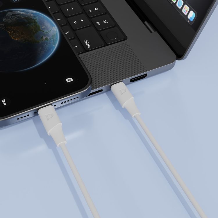 كيبل باورولوجي باور سينك فليكس من نوع USB-C إلى لايتنينج بطول 1.2 متر، مع مدة استخدام تصل إلى 10000 انحناء، شحن سريع ونقل بيانات، مصنوع من مادة TPE مصبوبة، سرعة نقل بيانات تصل إلى 480 ميجابت في الثانية، وتوفير طاقة 30 واط - أبيض اللون.