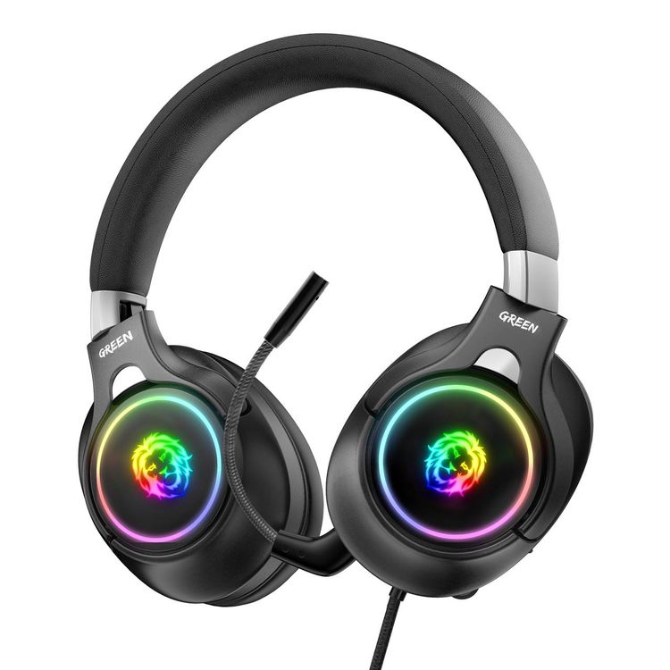 Green Lion K10 RGB Lighting Professional Gaming Headphones with Noise-Cancelling & Microphone, 3.5mm Headphone Jack, Adjustable Steel Slider, Padded Headband