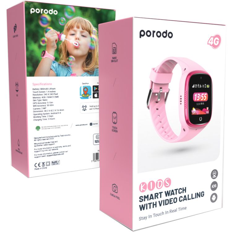 Porodo Kids 4G Smartwatch with Video Calling, 2 MP Camera, IP65 Water Resistant, iOS & Android Compatibility, 800mAh Battery - Pink