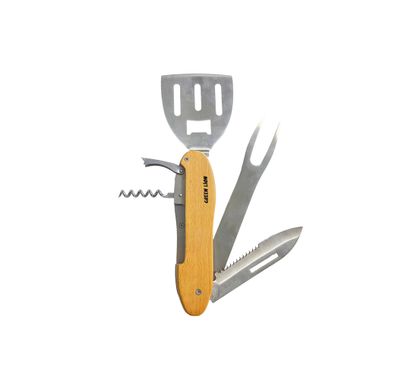 Green Lion Multifunction 5-in-1 BBQ Tool Set with Knife Precision Slice, BBQ Fork Effortless Grip, Corkscrew Seamless Twist, Bottle Opener Instant Pop, BBQ Spatula Flawless Flips, Foldable & Compact, Rust Resistant, Space-Saving Design, Easy to Clean, Camping Friendly, Ergonomic Grip - Wooden