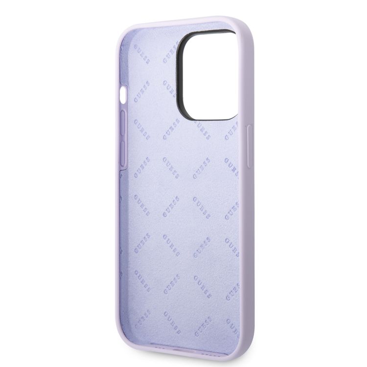 Guess Liquid Silicone Case With PC Camera Outline & Script Metal Logo - iPhone 14 Pro - Purple