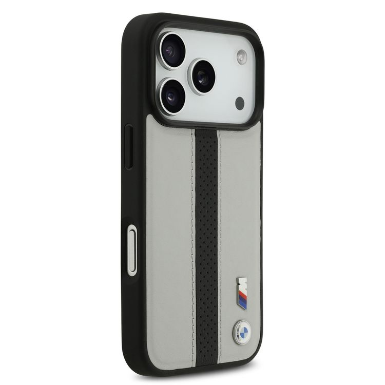 BMW PU Leather Case with Perforated Stripes & Metal Logos for iPhone 17 Pro, MagSafe Compatible, Sustainable Packaging, Drop Protection, Slim Profile, Easy Snap-On Design - Gray / Black