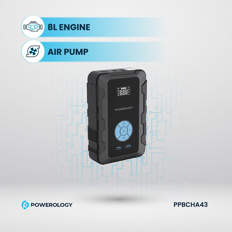 ضاغط هواء Powerology 20000mAh Power Bank Jump Start، أقصى وقت شحن 7.0±1.0 ساعة، PD 45 وات، ذروة التيار 3000 أمبير، محرك سعة 8 لتر - أسود 
