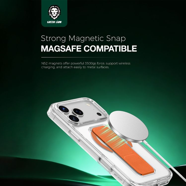 Green Lion MagSafe Leather Grip Case for iPhone 17 Pro Max, Crystal Clear, Scratch Resistance, Leather Grip Strap, Strong Magnets, Military Grade Protection - Orange Titanium